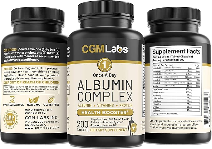 CGM Labs - Once A Day Albumin Complex - Whey Protein, Royal Jelly, Essential Amino Acids - 200 Chewable Tablets