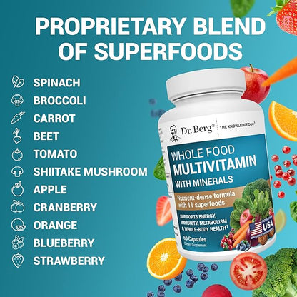 Dr. Berg Whole Food Multivitamin with Minerals - Daily Multivitamin for Men and Women - Includes Premium Whole Food Fruits and Vegetable Blend with Folate, Alpha-lipoic Acid and More - 60 Capsules