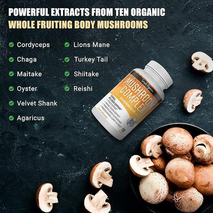 Mushroom Complex, 10 Mushroom Blend for Energy and Immune Support, 2600mg per Serving, 120 Vegan Capsules