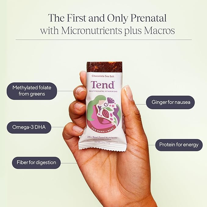 Tend Daily Best Prenatal Vitamin Bar, Chocolate Sea Salt Flavor (4ct). Prenatals with Organic Ingredients for Pregnant & Postpartum Mothers, Includes DHA, Vitamin D, B, Choline, Folate, Sunflower Lecithin