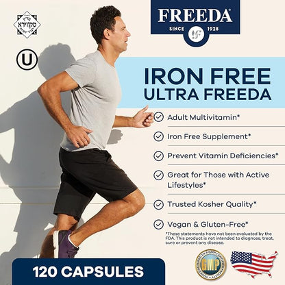 FREEDA Multivitamin - Iron Free Ultra Kosher Multi Vitamins Supplements for Women Health - Men’s Vitamins for Men Health - Multivitamins for Men & Women Adult Vitamins Multivitamin, 120