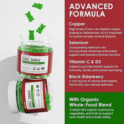Zinc Gummies + Copper, Selenium, Vitamin C & D3, Fermented Zinc Supplements for Women and Men with Elderberry for Daily Immune Support, Powerful Antioxidant, High Absorption, Vegan, Sugar Free, 60 Cts