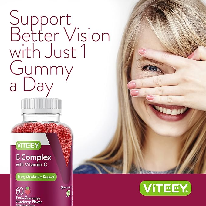 Vitamin B Complex Gummies for Adults with Vitamin C, B6, B12, Niacinamide, Folic Acid, Biotin, Calcium - Supports Energy & Metabolism - Vegan, Gluten Free, Gelatin Free - Chewable Strawberry Flavored