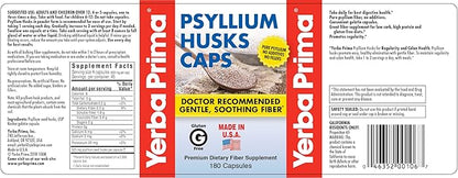 Yerba Prima Psyllium Husks Caps Dietary Fiber 625 mg, 180 Capsules - Colon Cleansing Supplement - Gut Health - Non-GMO Gluten Free