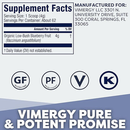 Vimergy Wild Blueberry Powder – Protects Brain Health* - Supports Cardiovascular Function* – Organic, Vegan & Gluten-Free – Regular Size 250g