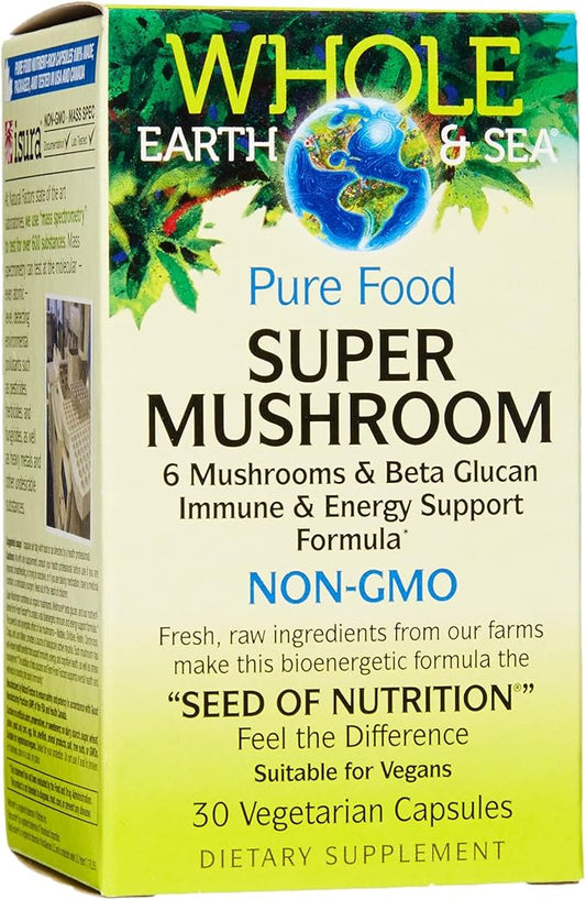 Natural Factors Whole Earth & Sea, Super Mushroom, Whole Food Supplement, Vegan, 30 Vegetarian Capsules