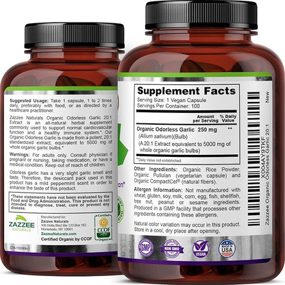 Zazzee USDA Organic Odorless Garlic 20:1 Extract, 5000 mg Strength, 100 Vegan Capsules, 3+ Month Supply, Standardized, Concentrated 20X Extract, 100% Vegetarian, All-Natural, Non-GMO, Made in The USA