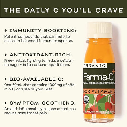 Greenhouse Juice Organic Farma-C+ Wellness Shots Vitamin C Immune Shot Cold-Pressed with Orange, Acerola Cherry, Sea Buckthorn Berry and Fermented Echinacea | Vegan & Gluten-Free (2 Oz, Pack of 12)