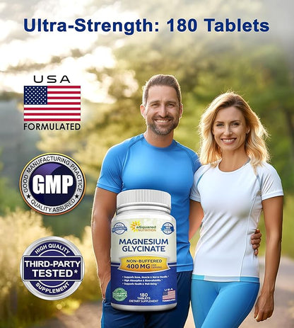 aSquared Nutrition Magnesium Glycinate 400mg - 180 Tablets - Max Strength Magnesium Bisglycinate Supplement -Maximum Bioavailability & Absorption-Non-GMO -Not Buffered-Supports Muscles, Bones & Heart