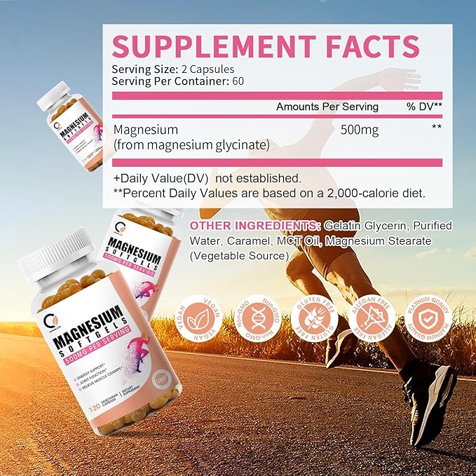 Magnesium Glycinate 500mg Capsules, High Absorption Pure Magnesium Glycinate Supplements Softgels for Men & Women, Support Energy, Muscle & Joint Function, Non-GMO, Vegan, 120 Count