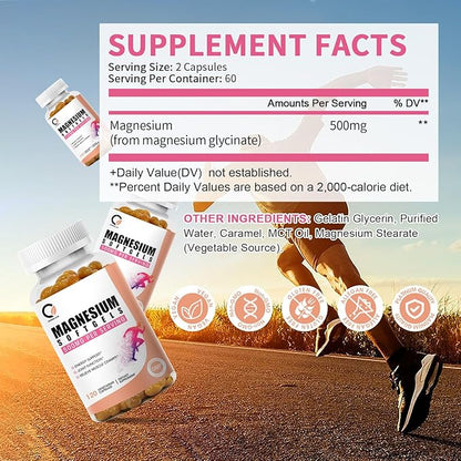 Magnesium Glycinate 500mg Capsules, High Absorption Pure Magnesium Glycinate Supplements Softgels for Men & Women, Support Energy, Muscle & Joint Function, Non-GMO, Vegan, 120 Count