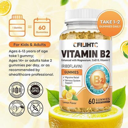 Vitamin B2 Gummies Riboflavin 400mg Supplement for Kids & Adults - Magnesium Glycinate, Zinc, CoQ10, Vitamin B12 - Migraine Relief & Energy, Nervous System Support, Sugar Free Lemon Flavor, 60ct
