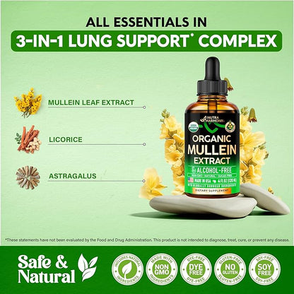 Mullein Drops for Lungs - USDA Organic Liquid - Mullein Leaf Extract Supplement - Made in USA - Lung & Bronchial Cleanse for Smokers - Respiratory Health Support - As Tincture, Tea, Pills - Pack of 2