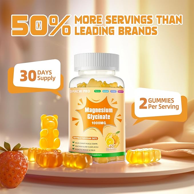 Magnesium Glycinate Gummies 1000mg - Sugar Free Magnesium Potassium Supplement with Vitamin D, B6, CoQ10 for Calm Mood & Sleep Support - 120 Orange Gummies