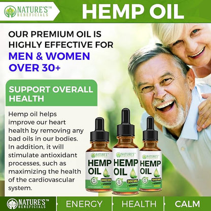 Nature's Beneficials Organic Hemp Oil Extract Drops, 2000mg - Omega Fatty Acids 3 6 9, Non-GMO Ultra-Pure CO2 Extracted, 2 oz