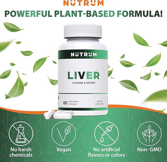 Liver Cleanse and Detox Health Support Supplement by Nutrum, Vegan Liver Formula, Natural Herbal Liver Renewal with Vitamin C, Milk Thistle, Support for Bad Breath, Acne, Low Energy, 60 Capsules