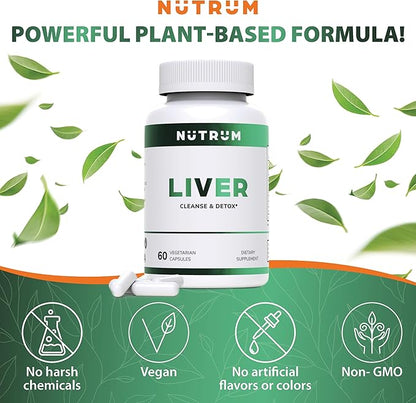 Liver Cleanse and Detox Health Support Supplement by Nutrum, Vegan Liver Formula, Natural Herbal Liver Renewal with Vitamin C, Milk Thistle, Support for Bad Breath, Acne, Low Energy, 60 Capsules