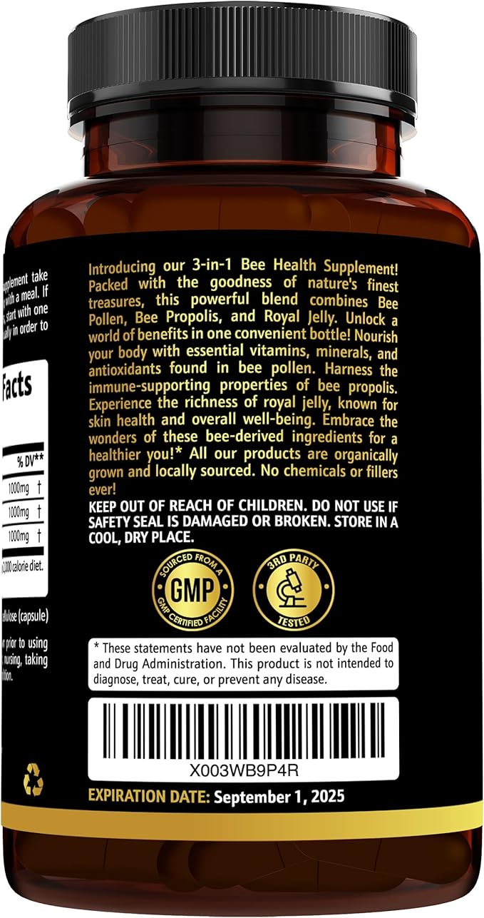 3-in-1 Bee Pollen Organic 840mg (180 Caps) W/ 840mg Bee Propolis Capsule & 840mg Royal Jelly Capsule - 3rd Party Tested - Bee Pollen Supplement - Organic Bee Pollen Capsule -No Fillers