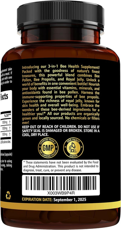 3-in-1 Bee Pollen Organic 840mg (180 Caps) W/ 840mg Bee Propolis Capsule & 840mg Royal Jelly Capsule - 3rd Party Tested - Bee Pollen Supplement - Organic Bee Pollen Capsule -No Fillers