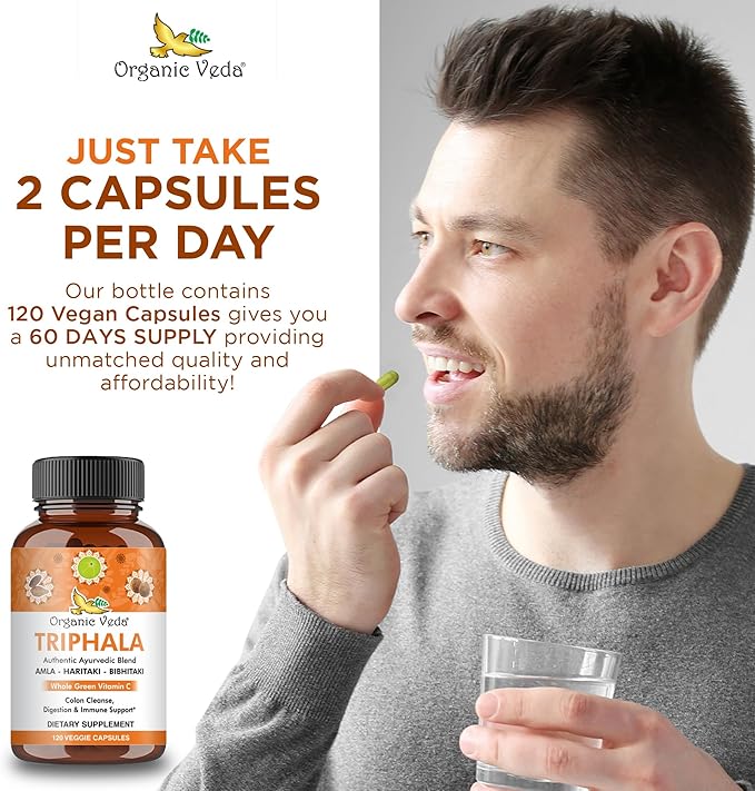 Organic Veda Triphala Capsules - Ultra Concentrated Amla Extract Organic Triphala Supplement with Natural Vitamin C - for Colon Cleanse, Skin Radiance, Immunity & Digestion - 120 Vegan Pills