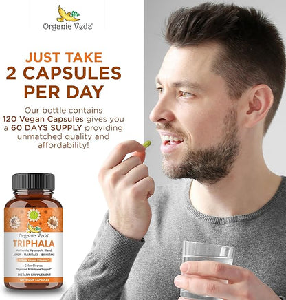 Organic Veda Triphala Capsules - Ultra Concentrated Amla Extract Organic Triphala Supplement with Natural Vitamin C - for Colon Cleanse, Skin Radiance, Immunity & Digestion - 120 Vegan Pills