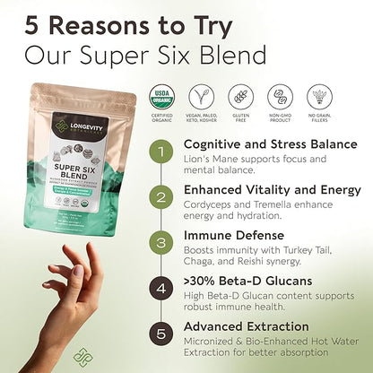 Longevity Botanicals Super Six Organic Mushroom Blend 100g | Reishi, Lion’s Mane, Chaga, Cordyceps, Tremella & Turkey Tail | Extract Powder Mix | 10:1 Ratio | 100% Fruiting Bodies | Mushroom Complex