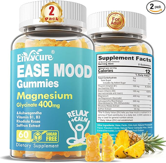 Sugar Free Magnesium Glycinate Gummies 400mg with Ashwagandha, B1, B3, Rhodiola Rosea & Saffron for Support Rest, Mood & Calm Magnesium Gummies for Adults, Chewable Magnesium Supplement, Vegan, 120Ct