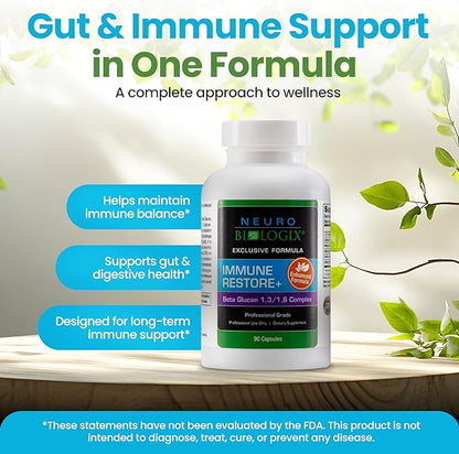 Immune Restore+ - Contains Beta Glucan 1,3/1,6 Complex & Herbal Extracts for Immune Support - Supports T-Cell & Macrophage Activity - With Cordyceps, Astragalus, Turkey Tail & Echinacea - 90 Capsules