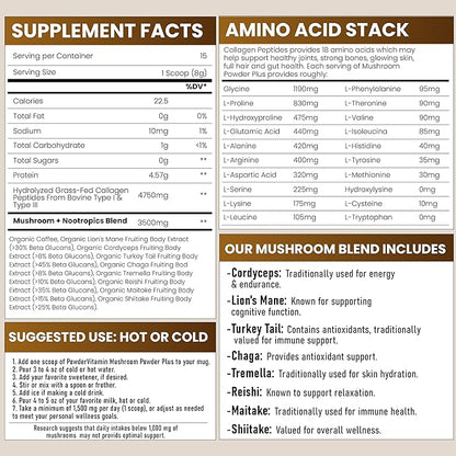 Organic Mushroom Coffee Certified Mold & Mycotoxin Free GrassFed Collagen Types I & III 8 Fruiting Body Mushrooms Tested for BetaGlucans Focus Energy Digestion & Immunity 15 Servings