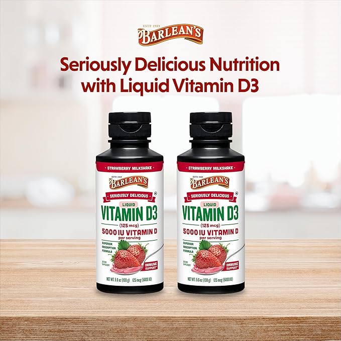 Barlean's Pack of 2 Liquid Vitamin D Supplement for Kids and Adults with 5000 IU D3, Strawberry Milkshake Flavored Sugar Free Vitamins for Children, 5.6 oz Each