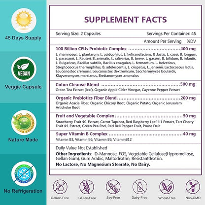 NATURE TARGET Probiotics for Women-Men-Kids Digestive Health, Prebiotics and Probiotics for Women, 100 Billion for Gut and Immune Health, No Refrigeration, 90 Veggie Capsules (45 Days Supply)