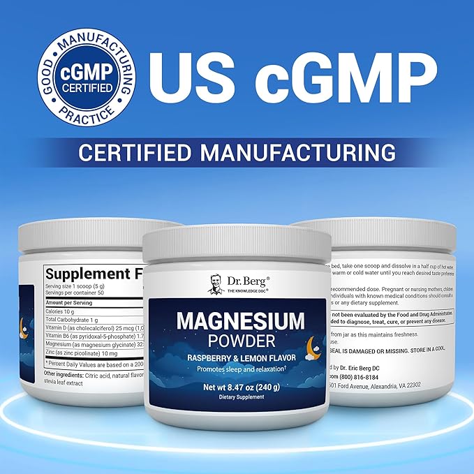 Dr. Berg Magnesium Glycinate Powder for Sleep, Relaxation, & Stress Relief - Now Includes Vitamin D3 & Zinc - Delicious Raspberry & Lemon Flavor (50 Servings) Magnesium Powder - Magnesium Drink Powder