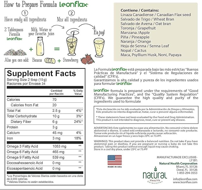 Leonflax, 100% Authentic Canadian Flax Seed, All-natural, High Fiber Content, Dietary Supplement to Improve your Digestive Health, 18 Oz, Bag