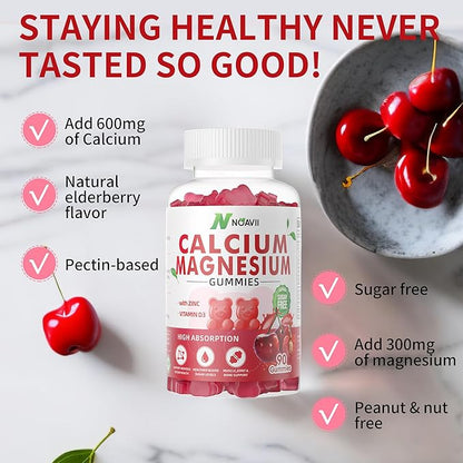 Calcium Magnesium Zinc Gummies with Vitamin D3, ashwagandha Supplement - High Potency Enhanced Absorption - Cherry Flavor-180 Count