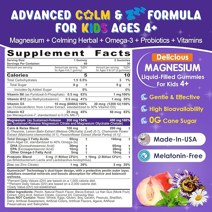 Magnesium Glycinate Gummies for Kids 4+ & Magnesium Citrate, Melatonin Free-Kids Magnesium Supplement w/L-Theanine, Omega 3, D3 K2, B6 B12, for Zzz, Relaxation, Muscle, Brain & Gut, Sugar Free 60 Cts