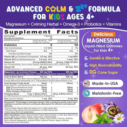 Magnesium Glycinate Gummies for Kids 4+ & Magnesium Citrate, Melatonin Free-Kids Magnesium Supplement w/L-Theanine, Omega 3, D3 K2, B6 B12, for Zzz, Relaxation, Muscle, Brain & Gut, Sugar Free 60 Cts