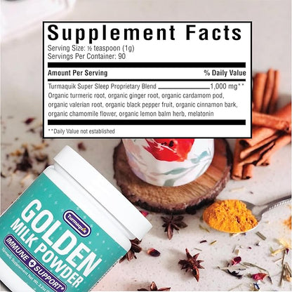 Turmaquik 3.2 Ounce Organic Golden Milk Turmeric Powder – Immune Support Superfood Blend with Ginger, Black Pepper, Curcumin, Cinnamon, Cardamom, Vitamins C, D, B6, B12, and Zinc