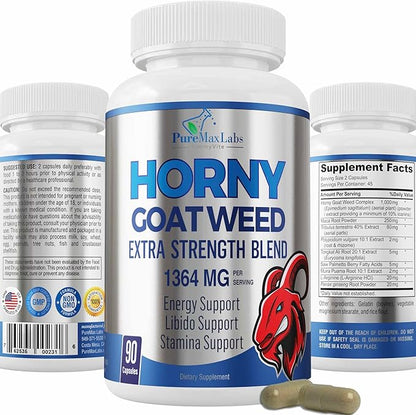 Horny Goat Weed 1590mg Extra Strength w. Maca, L-Arginine, Ginseng, Boost Performance, Stamina, Energy, Non-GMO Formula, 90 Capsules