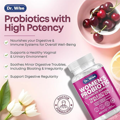 Dr. Wise Women’s Probiotic – 50 Billion CFUs – Digestive, Urinary & Vaginal Health Support – Immune Boost – Triple Action Formula – 60 Capsules – Made in USA