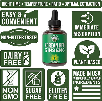 Korean Red Ginseng Liquid Drops with Pleasant Taste. from Panax Korean Root Extract for Energy, Stamina, Focus. Vegan Nootropic, Zero Sugar Oil Tincture Herbal Supplement for Men and Women