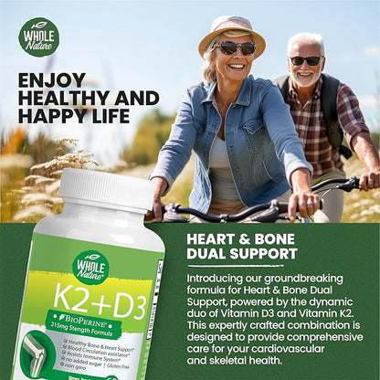K2 D3 Vitamin Supplement with BioPerine - Vegan Calcium with Vitamins K and D - Advanced D3K2 VIT 5000 IU - 60 Vegan D3 Plus K2 MK-7 Complex Nutritional Capsules for Heart & Bone Health (1