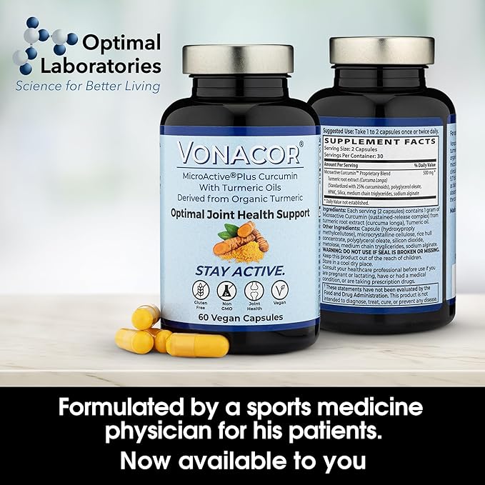 Highly Absorbable MicroActive Curcumin with Turmeric Oil Extract 500mg for Optimal Joint Health, Vegan, Non-GMO, Gluten-Free, 60 Vegan Capsules