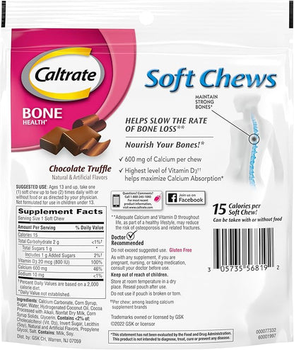 Caltrate Soft Chews 600 Plus D3 Calcium Vitamin D Supplement, Chocolate Truffle - 60 Count(Packaging May Vary)