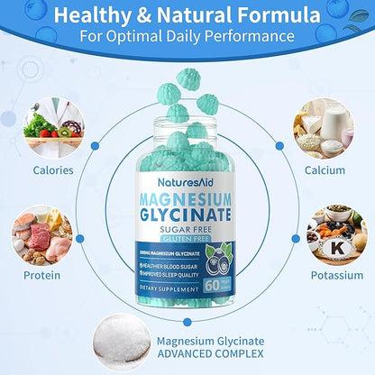 Magnesium Glycinate Gummies 1000mg - Sugar Free Magnesium Potassium Supplement with Vitamin D, B6, CoQ10 for Calm Mood & Sleep Support - 60 Blueberry Gummies -1 Pack
