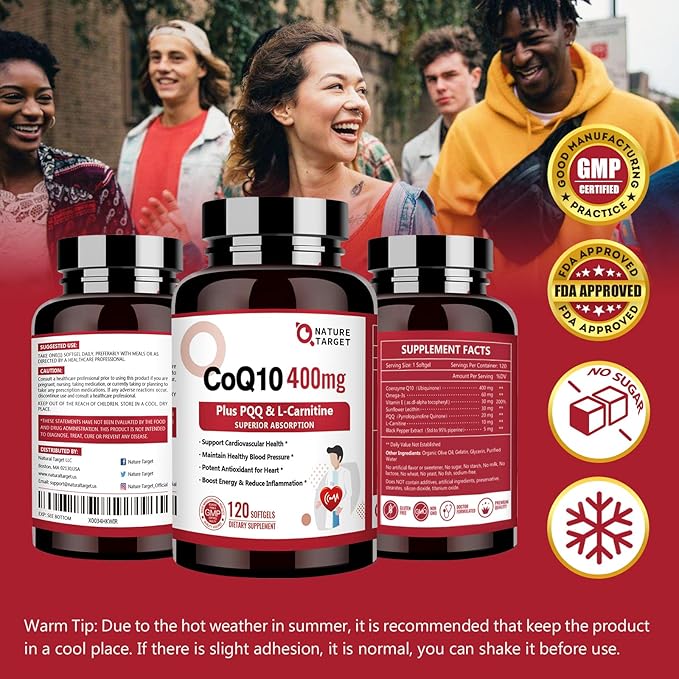 NATURE TARGET CoQ10-400mg with PQQ, Omega-3s & L-Carnitine, High Absorption Coenzyme-Q10 with BioPerine, Supports Heart, Brain, Immune System, Energy Production, 120 Servings