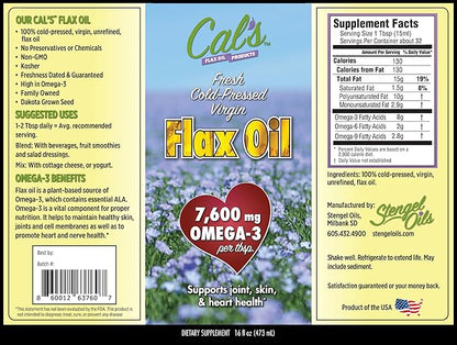 Cal's Flax Oil, Cold-Pressed Flaxseed, High in Omega-3 Fatty Acid, Unrefined Flaxseed Oil, Essential Flaxseed Oil Liquid Supplement for Joint, Skin, and Heart Health Support - 16 oz