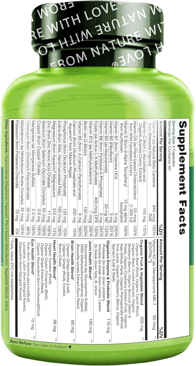 NATURELO Whole Food Multivitamin for Women 50+ (Iron Free) with Vitamins, Minerals, & Organic Extracts - Supplement for Post Menopausal Women Over 50 - No GMO - 240 Vegan Capsules