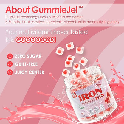 Women's Vegan Iron Supplement 25mg, Sugar Free Iron Gummies with Vitamin C, Methy B12, Folate for Energy Boost, Non-Constipating, No After Taste, Peach Flavor - 60 Count (Pack of 1)