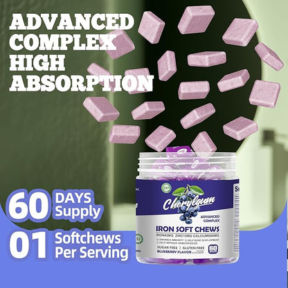 Iron Soft Chew Supplement with Vitamin C | Blueberry Flavored | Gluten Free | Iron Supplement for Women Men and Kids | 60 Count | 2 Month Supply