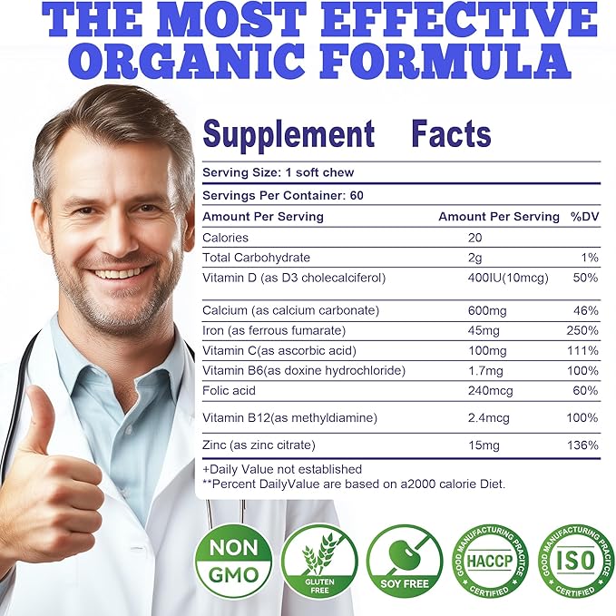 Iron Soft Chew Supplement with Vitamin C | Blueberry Flavored | Gluten Free | Iron Supplement for Women Men and Kids | 60 Count | 2 Month Supply